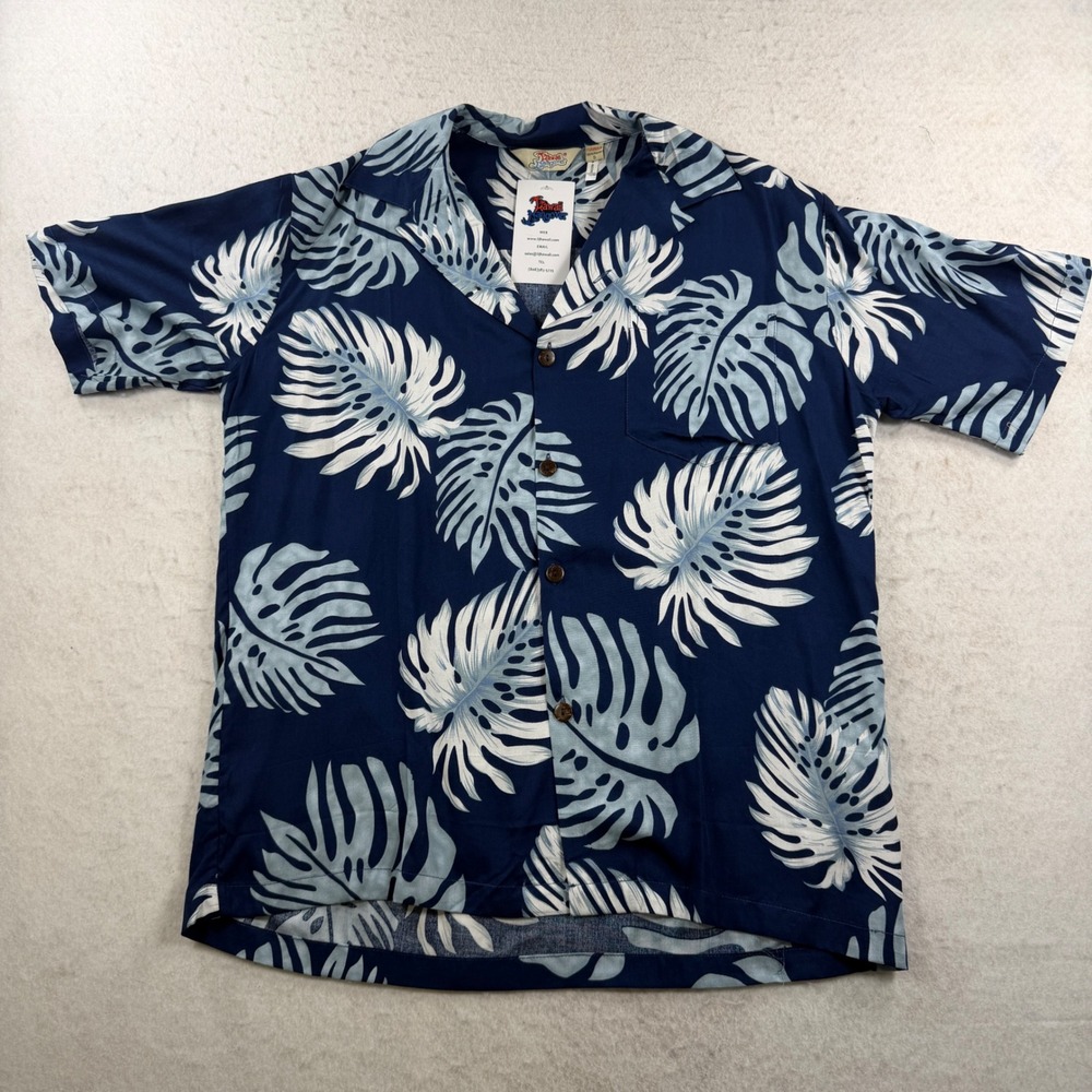 Hawaii Hangover Mens Small Blue Monstera Leaf Rayon Aloha Camp Shirt‎ NWT